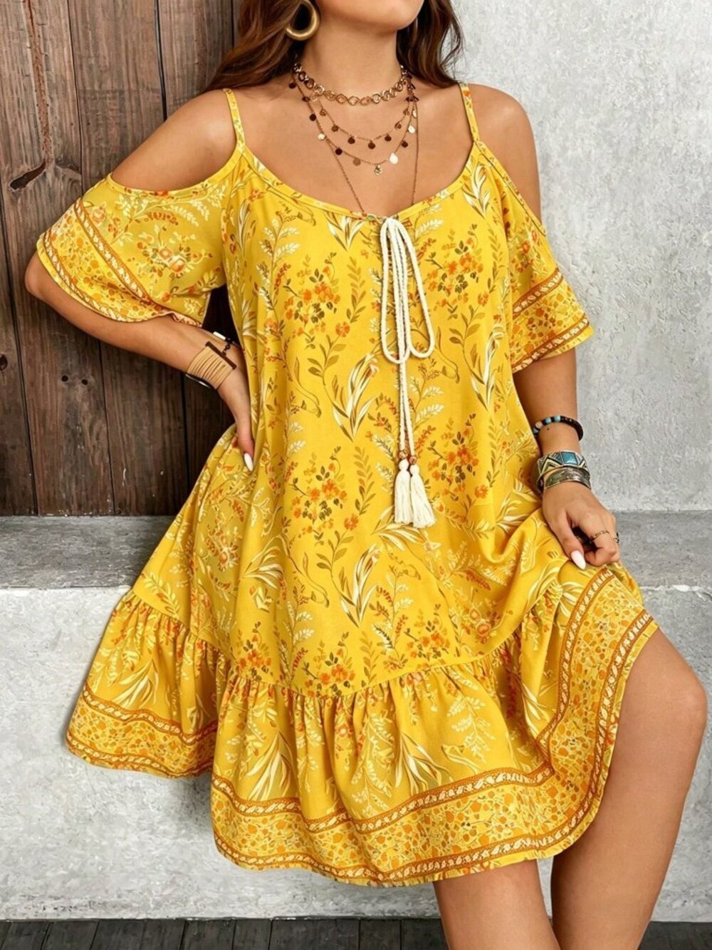 Yellow Boho Women's Plus Size Floral Print coldShoulder Casual Dress